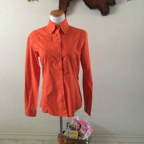ROCKIES ORANGE WESTERN EMBROIDERED & BLING ORANGE SNAP BUTTON DOWN SHIRT/ SZ S - Picture 4 of 12